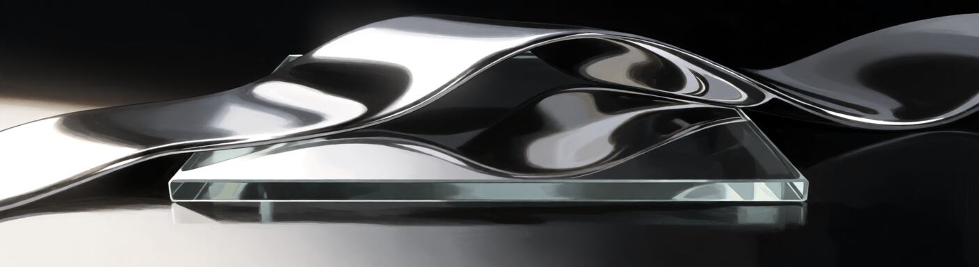 Key visual of chrome ribbons and a glass slab